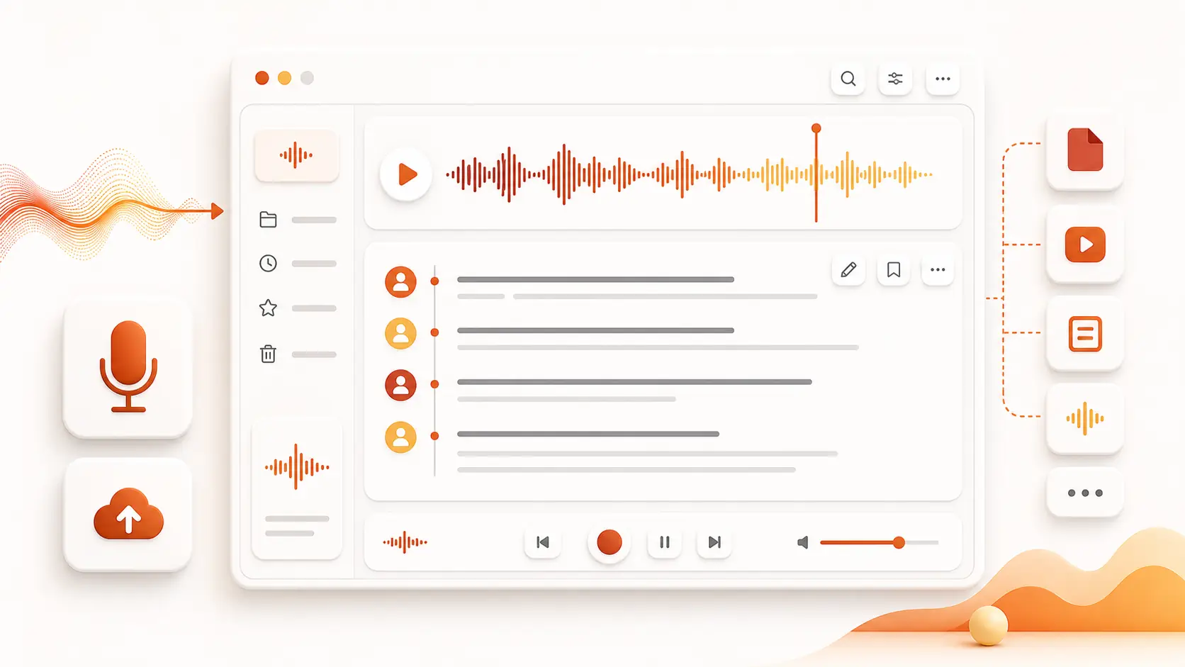 Whisper AI speech to text workspace for uploading audio and reviewing transcripts